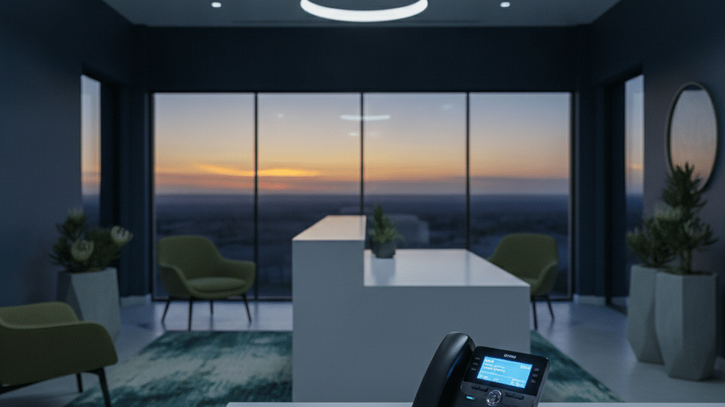 A Modern South African Business Reception Desk At Dusk With A Voip Desk Phone Answering Calls Automatically