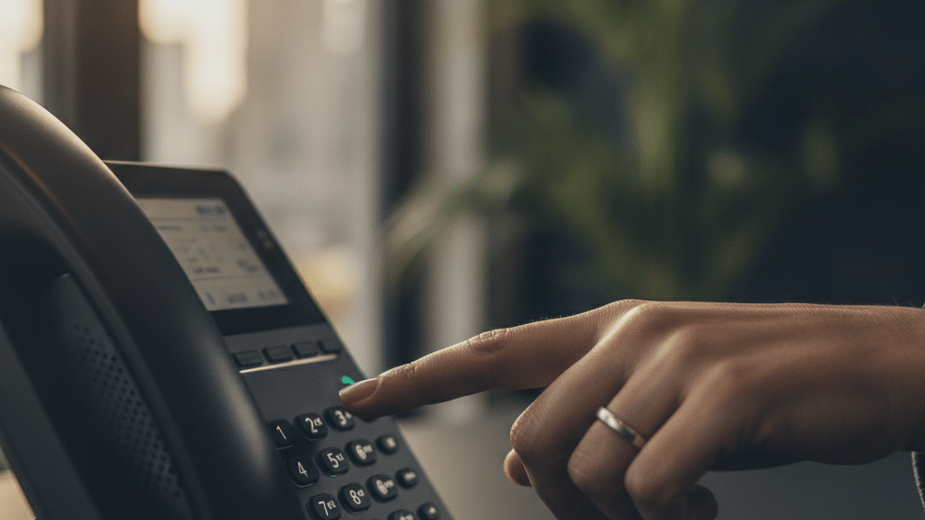 A Hand Pressing A Key On A Modern Ip Desk Phone Keypad To Move Through An Auto Attendant Menu