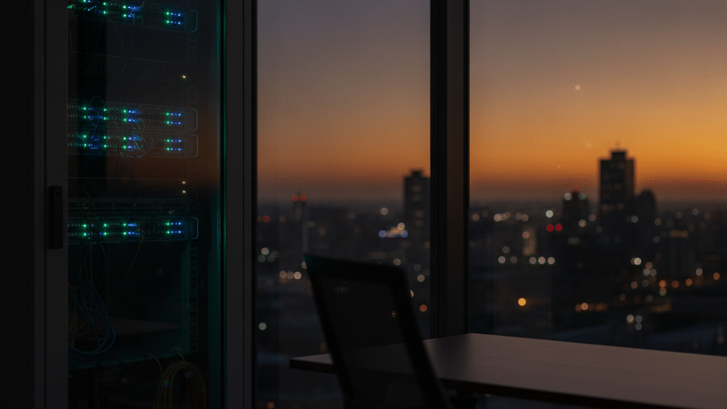 Fibre Network Cabinet Glowing In A South African Office At Dusk