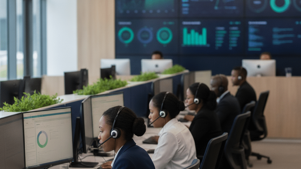 A Bright Modern South African Call Centre With Agents At Workstations Wearing Headsets