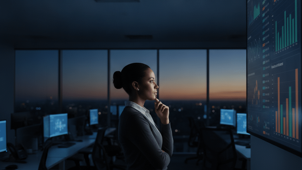 A South African Call Centre Team Leader Studying A Wall-Mounted Performance Dashboard At Dusk