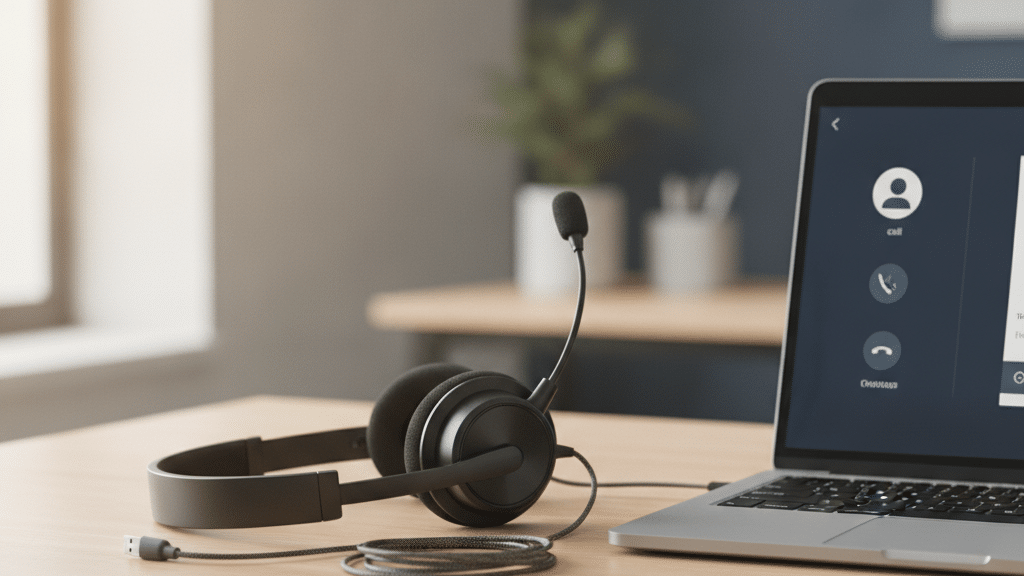 Close-up of a professional USB headset on a desk beside a laptop running a softphone application