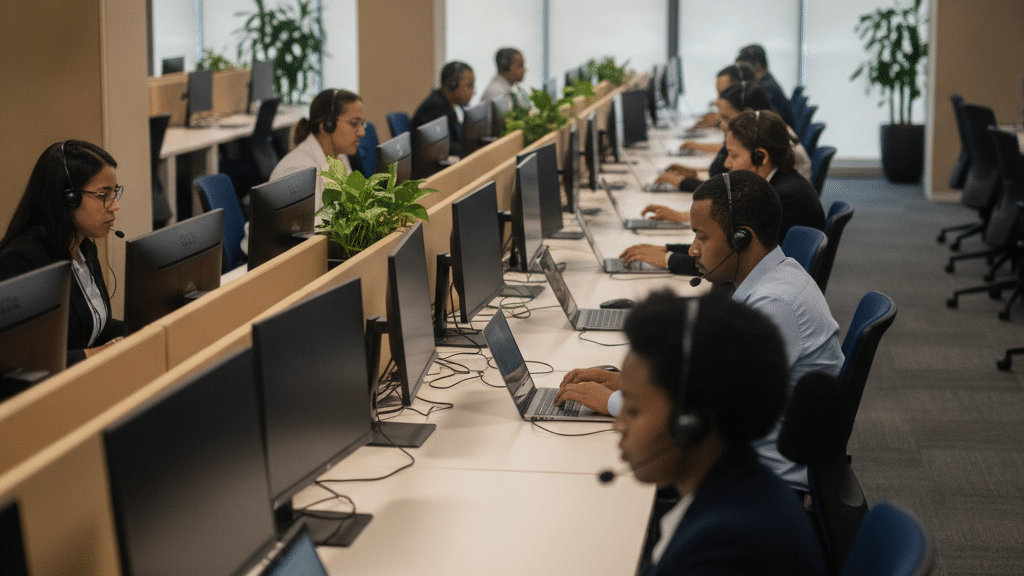A modern South African contact centre floor with agents on softphone headsets at daylight workstations