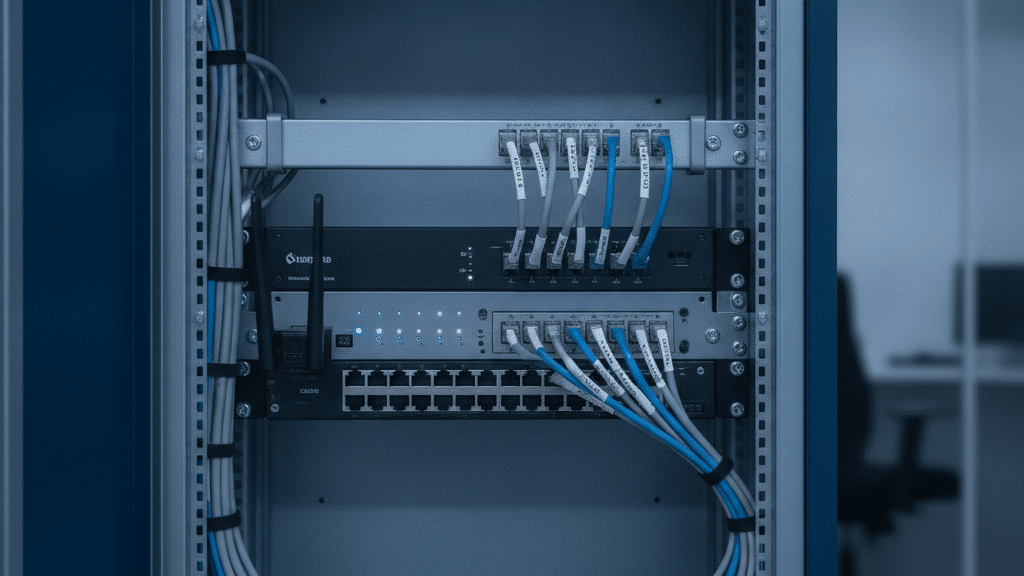 A Neat South African Office Network Cabinet With A Business-Grade Router And Switch, Cabling Tidy And Labelled