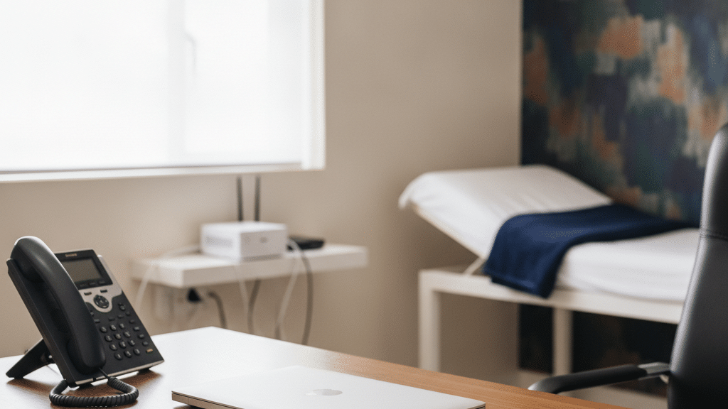 Consulting Room In A South African Practice With A Voip Handset On The Desk And A Ups And Router On The Shelf For Continuity