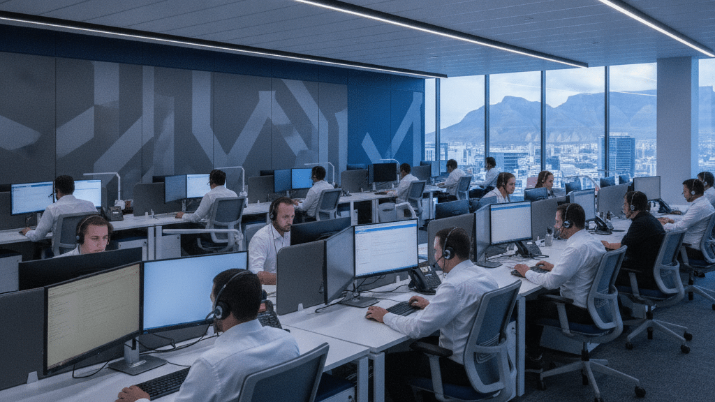 South African Call Centre Agents At Workstations With Headsets In A Modern Office
