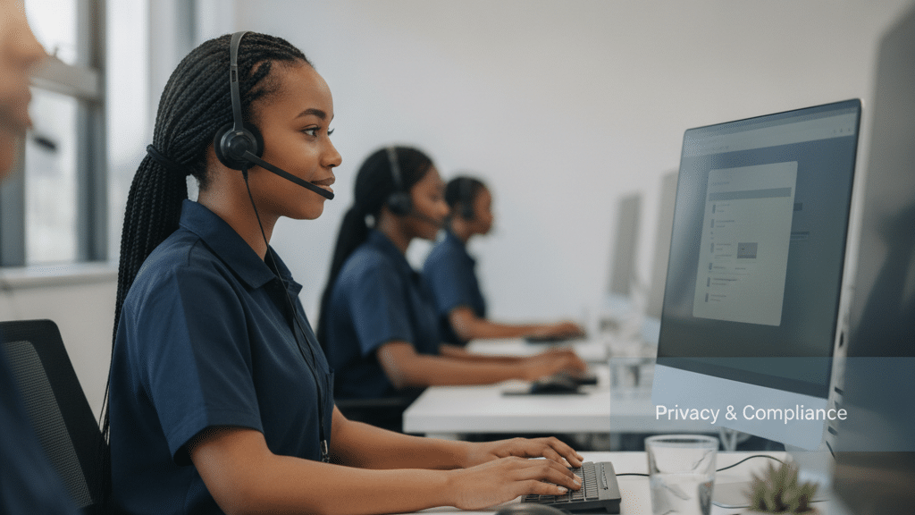 A South African Contact Centre Agent Wearing A Headset At A Workstation With A Privacy Notice On Screen