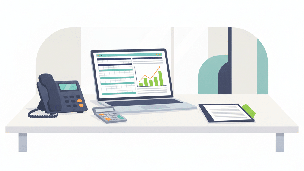 An Accounting Firm Desk With A Voip Desk Phone, A Laptop Showing Spreadsheets And A Chart, A Calculator And Client Documents