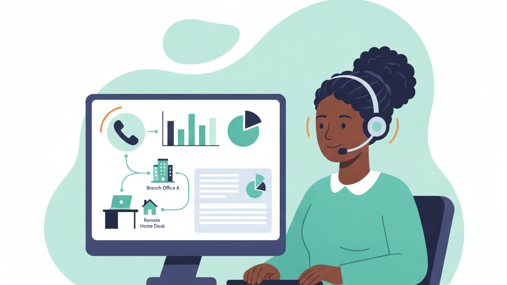 An Accountant On A Headset With A Screen Showing One Number Routing To A Branch Office And A Remote Home Desk