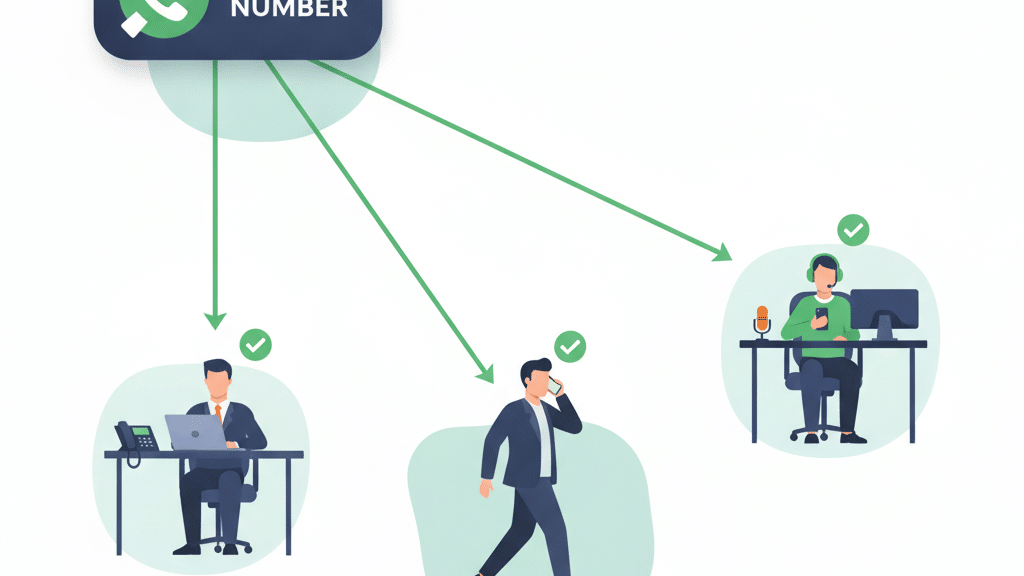 One Agency Number Routing An Incoming Call To Three Agents, One At A Desk, One Walking Outside With A Mobile, One In A Home Office, Each Answering