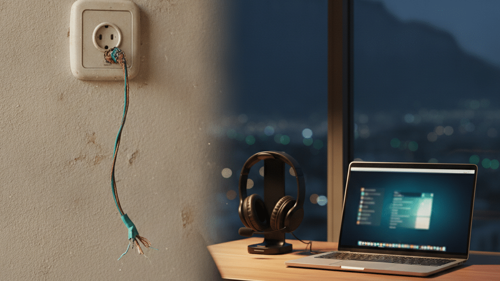 Split Scene Of A Disconnected Copper Telephone Wall Socket Next To A Modern South African Office Desk With A Laptop And Wireless Headset