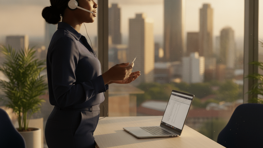 Office Manager In A South African High-Rise Office Taking A Business Call On A Wireless Headset With A Laptop Softphone On The Desk