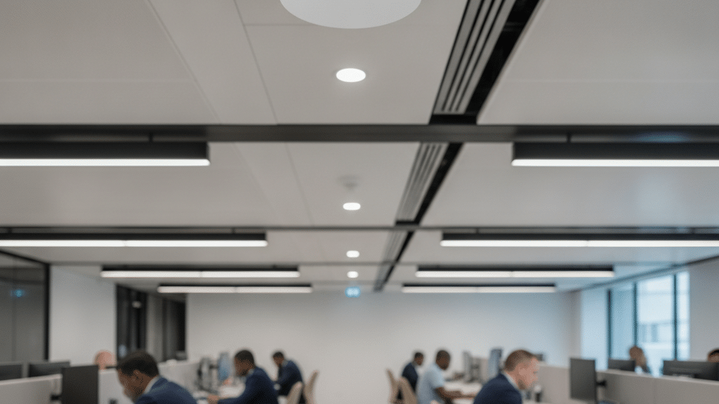 A Ceiling-Mounted Enterprise Wifi Access Point In A Modern South African Office, With Staff Working Below
