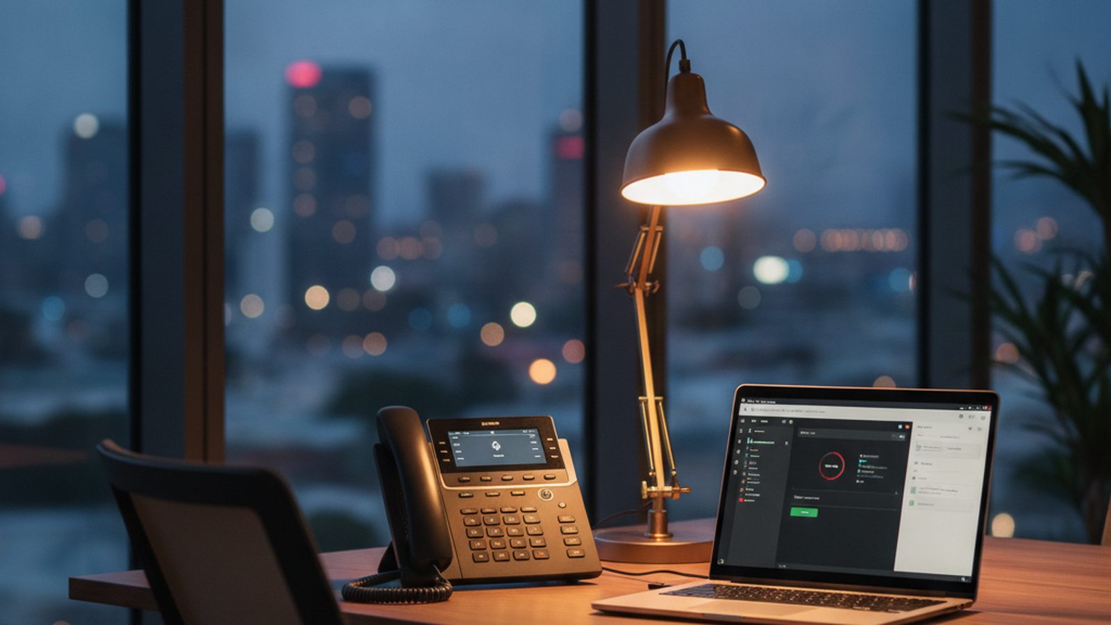 South African office desk at dusk with an IP deskphone and laptop softphone, city skyline through the window