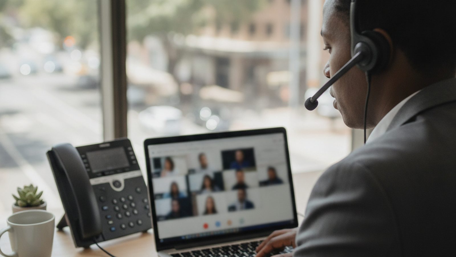 Business professional taking a VoIP call on a headset at their desk in a South African office